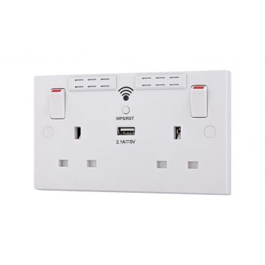 BG Electrical BG 2 Gang Switched Socket Square Edge 13A with Wi-Fi Extender + 1x USB-A 2.1A - White