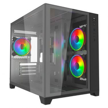 VIDA Akira V2 Black ARGB Gaming Case w/ Glass Front & Side, Micro ATX, 3x ARGB Fans, 6-Port PWM ARGB Fan Hub & Remote Control