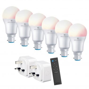 4lite WiZ Connected Smart Lighting Kit including 6x B22 Bayonet Bulbs, 1x Remote Control & 2x 3-Pin UK Plugs