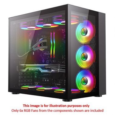 GAMEMAX Infinity Gaming Case w/ Glass Side & Front, ATX, Dual Chamber, 6x Dual-Ring ARGB Fans inc., RF Remote Control, USB-C, Full Black