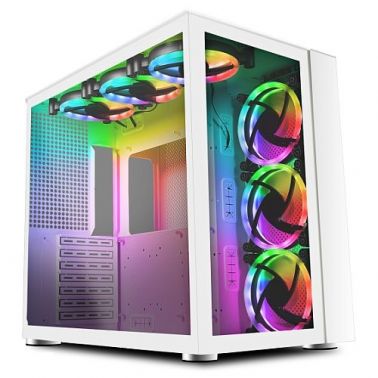 GAMEMAX Infinity Gaming Case w/ Glass Side & Front, ATX, Dual Chamber, 6x Dual-Ring ARGB Fans inc., RF Remote Control, USB-C, Full White