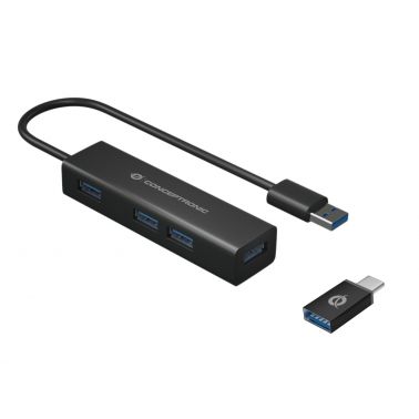 Conceptronic 4-Port USB 3.0 Aluminum Hub with USB-C to USB-A Adapter