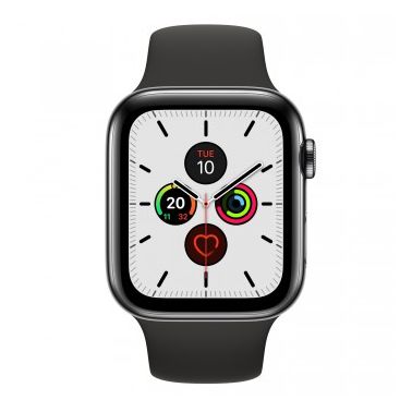 Apple Watch Series 5 GPS + Cellular, 44mm Space Black Stainless Steel Case with Black Sport Band - S/M & M/L