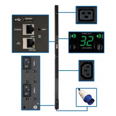 Tripp Lite 7.4kW Single-Phase Monitored PDU, LX Interface, 230V Outlets (36 C13/6 C19), IEC 309 32A Blue, 3.05 m Cord, 0U 1.8m Height