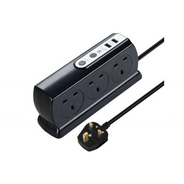 MASTERPLUG 2m 6 Socket 13A plus 2x USB-A Ports Extension Lead Black