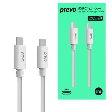 PREVO USB 3.2 100W C to C cable, 20V/5A, 10GB/20GB/s, INJECTION MOULDING +TPE+ C TID certification, White, Superior Design & Perfornance, Retail Box Packaging