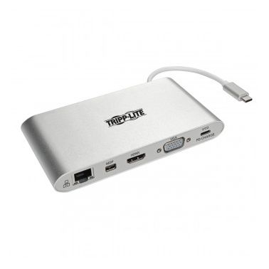 Tripp Lite USB C Docking Station w/DVI, HDMI, VGA, DP, MDP, USB A, Gigabit Ethernet, Mem Card, 3.5 mm & USB-C PD Charging, 3840 x 2160  30Hz