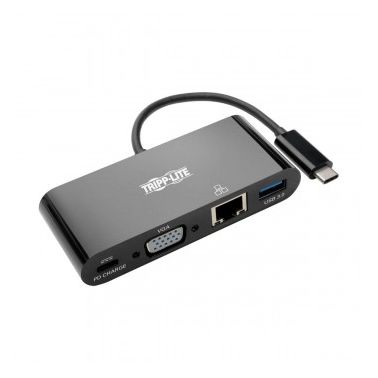 Tripp Lite USB 3.1 Gen 1 USB-C to VGA Adapter with USB-A, USB-C PD Charging & Gigabit Ethernet, Thunderbolt 3 Compatible, 1080p, Black