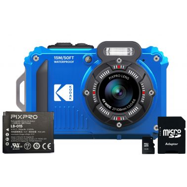 Kodak PIXPRO WPZ2 16MP 4x Zoom Tough Camera Kit inc Additional LB-015 Li-Ion Battery & 16GB MicroSD Card - Blue