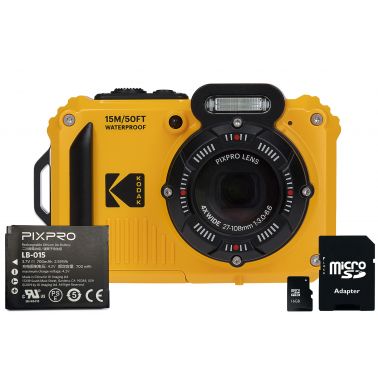 Kodak PIXPRO WPZ2 16MP 4x Zoom Tough Camera Kit inc Additional LB-015 Li-Ion Battery & 16GB MicroSD Card - Yellow