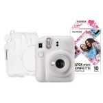 Fujifilm Instax Mini 12 Instant Camera - Clay White - Camera + 10 Shot Confetti Pack + Case