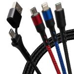 Maplin USB-A & USB-C to 3 in 1 Multi Charging Cable Braided USB-C/ Lightning / Micro USB-B 60W 1.2m - Black, Red and Blue