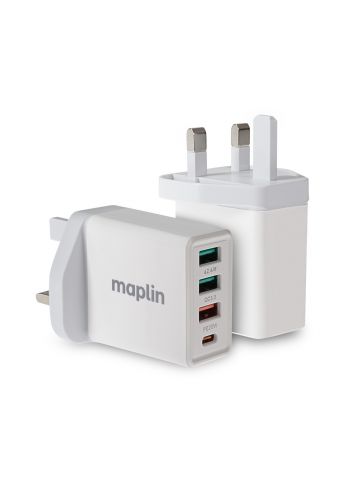 Maplin 4 Port USB Wall Charger 3x USB-A 2 1x USB-C PD QC 3.0 32W High Speed Charging