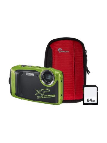 Fujifilm Finepix XP140 16.4MP 5x Zoom Tough Compact Camera, 64GB SD Card & Case - Lime Green