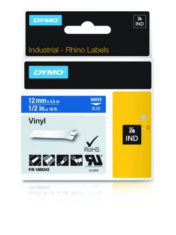 Dymo 1805243 Ribbon Vinyl white / blue 12mmx5,5m for Dymo Rhino 6-12mm/19mm/24mm