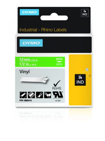 Dymo 1805414 Ribbon Vinyl white on green 12mmx5,5m for Dymo Rhino 6-12mm/19mm/24mm