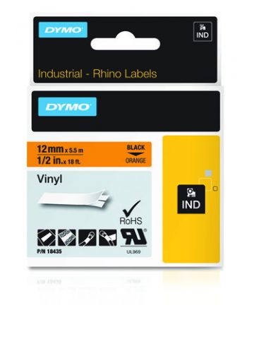 Dymo 18435/S0718490 Ribbon Vinyl black on orange 12mm x 5,5 m for Dymo Rhino 6-12mm/19mm/24mm