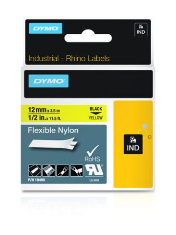 Dymo 18490/S0718080 Ribbon Nylon flexible black on yellow 12mm x 3,5m for Dymo Rhino 6-12mm/19mm/24mm