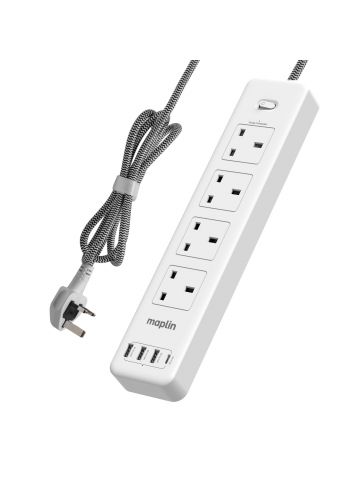 Maplin 4 Socket UK Extension Lead with 3x USB-A / 1x USB-C Ports Power Switch Surge protection 2m