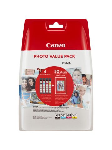 Canon 2106C005/CLI-581 Ink cartridge multi pack Bk,C,M,Y + Photopaper 50 sheet 10x15cm 5,6ml 1505/256/237/257 pg Pack=4 for Canon Pixma TS 6150/8150