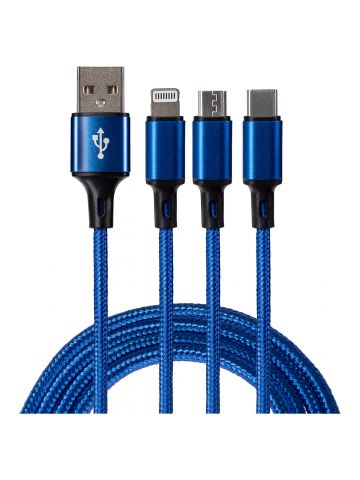 Maplin 3-in-1 USB-A to USB-C / Lightning / MicroUSB Braided Charging Cable - Blue, 1.2m