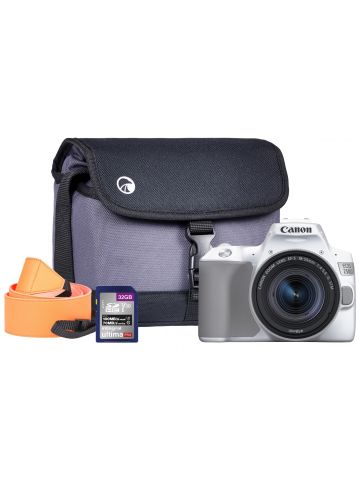 Canon EOS 250D White SLR Camera Kit inc 18-55mm IS STM Lens, 32GB SD Card, Neck Strap & Bag