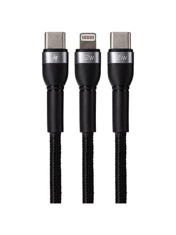 Maplin PRO USB-C to Dual USB-C / Lightning 65W Braided Cable - Black, 1.2m