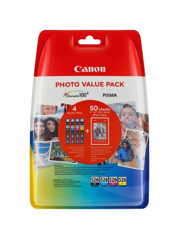 Canon 4540B017/CLI-526 Ink cartridge multi pack Bk,C,M,Y + Photopaper 10x15cm 50 sheet, 4x450 pages ISO/IEC 24711 9ml Pack=4 for Canon Pixma IP 4850/MG 5350/MG 6150/MG 6250/MX 885