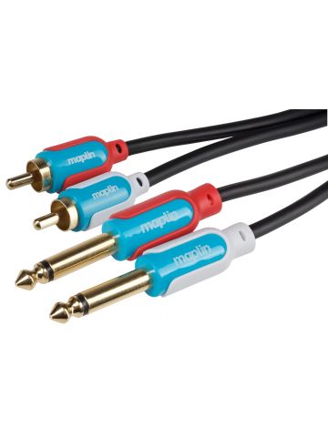 Maplin Twin 1/4" 6.35mm 2 Pole Jack Plug to Twin RCA Phono Cable - Black, 1.5m