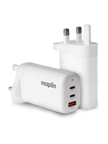 Maplin 3 Port USB Wall Charger 2x USB-C 1x USB-A GaN PD QC 3.0 65W High Speed Charging