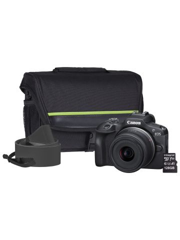 Canon EOS R100 APS-C Mirrorless Camera Kit inc RF-S 18-45mm Lens, 128GB SD Card, Neck Strap and Case - Black