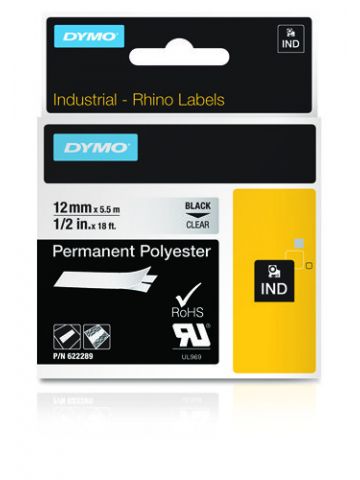 Dymo 622289 Ribbon Polyester permanent black on Transparent 12mm x 5,5m for Dymo Rhino 6-12mm/19mm/24mm