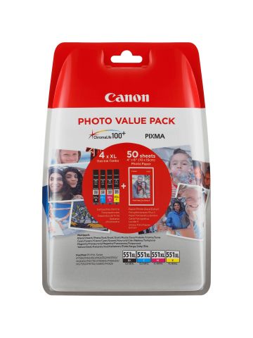 Canon 6443B006/CLI-551XL Ink cartridge multi pack high-capacity CLI Bk,C,M,Y + Photopaper PP-201 50 sheet 5530pg + 3x695pg Pack=4 for Canon Pixma IP 8700/IX 6850/MG 5450/MG 6350/MX 725