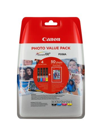 Canon 6508B005/CLI-551 Ink cartridge multi pack Bk,C,M,Y + Photopaper 10x15cm 50 sheet 7ml 1795/332/319/344 pg Pack=4 for Canon Pixma IP 8700/IX 6850/MG 5450/MG 6350/MX 725