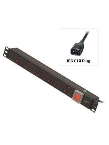 Lindy 1U 6 Way UK Sockets, Horizontal PDU with IEC C14 Cable