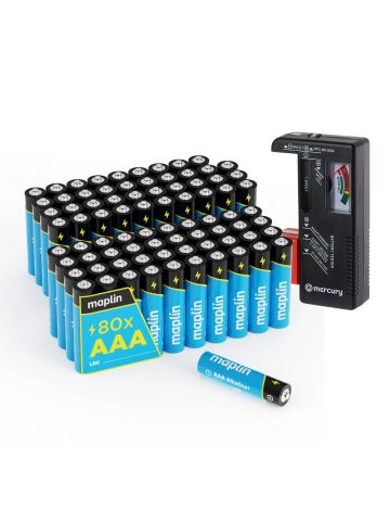 Maplin 80x AAA LR03 7 Years Shelf Life 1.5V High Performance Alkaline Batteries with Universal Battery Tester