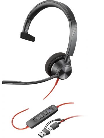 POLY Blackwire 3310 Monaural Microsoft Teams Certified USB-C Headset +USB-C/A Adapter