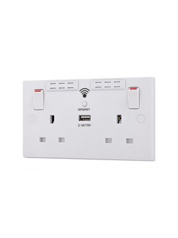 BG Electrical BG 2 Gang Switched Socket Square Edge 13A with Wi-Fi Extender + 1x USB-A 2.1A - White