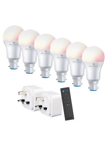 4lite WiZ Connected Smart Lighting Kit including 6x B22 Bayonet Bulbs, 1x Remote Control & 2x 3-Pin UK Plugs