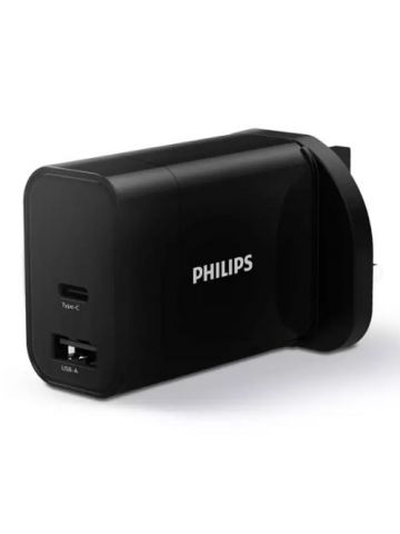 Philips 3-pin Wall Plug USB-C & USB-A Charger, 30W, Fast Charge, Power Delivery