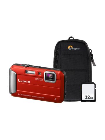 Panasonic Lumix DMC-FT30 16.1MP 4x Zoom Tough Compact Camera, 32GB SD Card & Case - Red