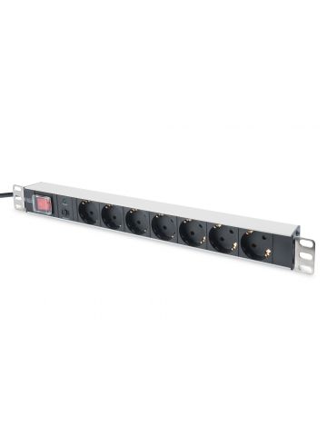 Digitus aluminum outlet strip with overload protection, 7 safety outlets, 2 m supply safety plug