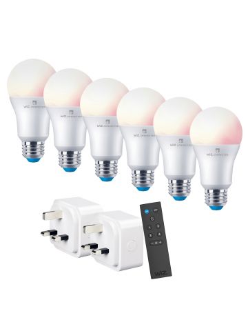 4lite WiZ Connected Smart Lighting Kit including 6x E27 Large Screw Bulbs, 1x Remote Control & 2x 3-Pin UK Plugs