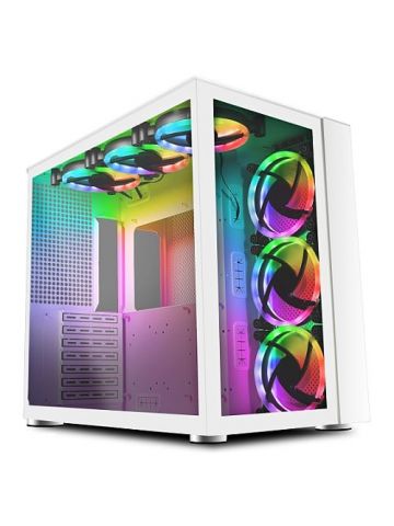 GAMEMAX Infinity Gaming Case w/ Glass Side & Front, ATX, Dual Chamber, 6x Dual-Ring ARGB Fans inc., RF Remote Control, USB-C, Full White