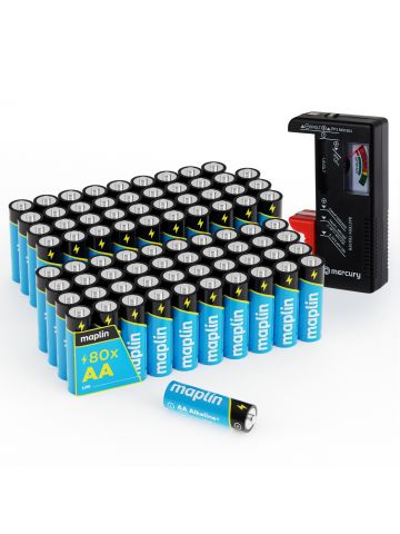 Maplin 80x AA LR6 1.5V Alkaline Batteries 7 Year Shelf Life High Performance including Battery Tester