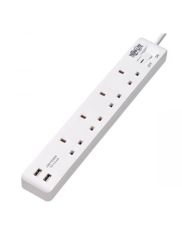 Tripp Lite PS4B18USBW 4-Outlet Power Strip with USB-A Charging - BS1363A Outlets, 220-250V, 13A, 1.8 m Cord, BS1363A Plug, White