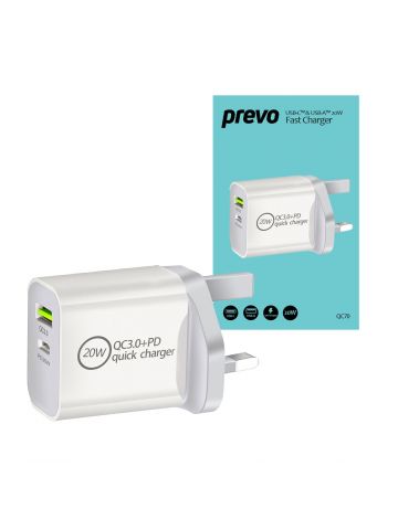 PREVO QC70 20W USB Type-C & USB Type-A Fast Charge Mains Charger with QC 3.0 for Laptops, Ultrabooks, Chromebooks, iPads, MacBooks, Smartphones, Tablets, Mobile Devices, Action Cameras, DSLRs