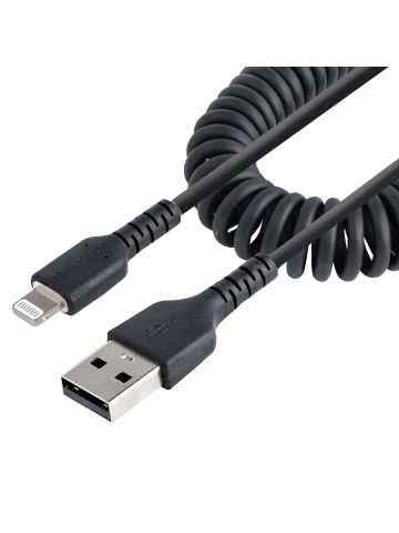 StarTech.com 1m (3ft) USB to Lightning Cable, MFi Certified, Coiled iPhone Charger Cable, Black, Durable TPE Jacket Aramid Fiber, Heavy Duty Coil Lightning Cable