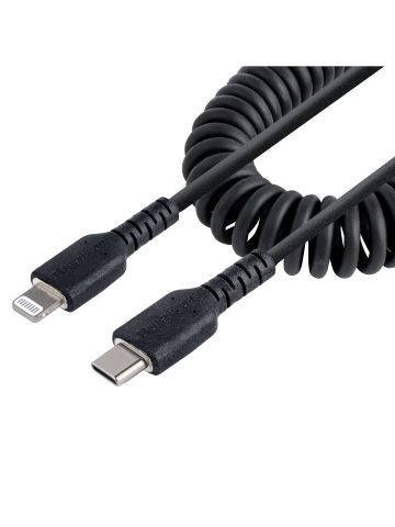 StarTech.com 1m (3ft) USB C to Lightning Cable, MFi Certified, Coiled iPhone Charger Cable, Black, Durable TPE Jacket Aramid Fiber, Heavy Duty Coil Lightning Cable