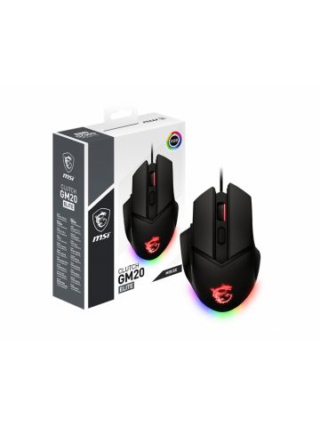 MSI CLUTCH GM20 ELITE Optical Gaming Mouse '6400 DPI Optical Sensor, 6 Programmable button, Dual-Zone RGB, Ergonomic design, OMRON Switch with 20+ Million Clicks, Weight Adjustable, Red LED'